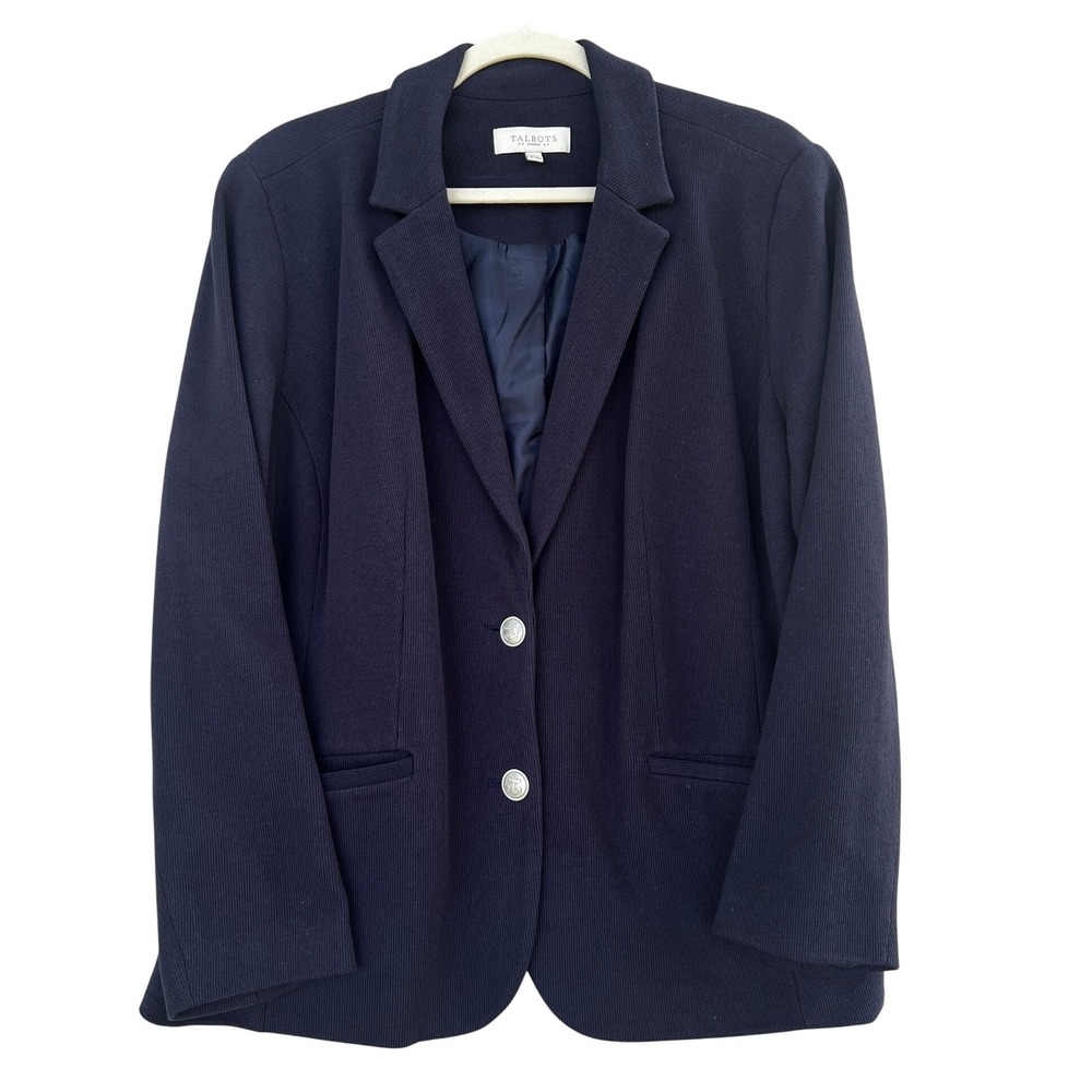Talbots Navy Blue Ribbed Cotton Blazer Anchor Nautical Preppy Coastal Cruise 16W - Picture 1 of 10